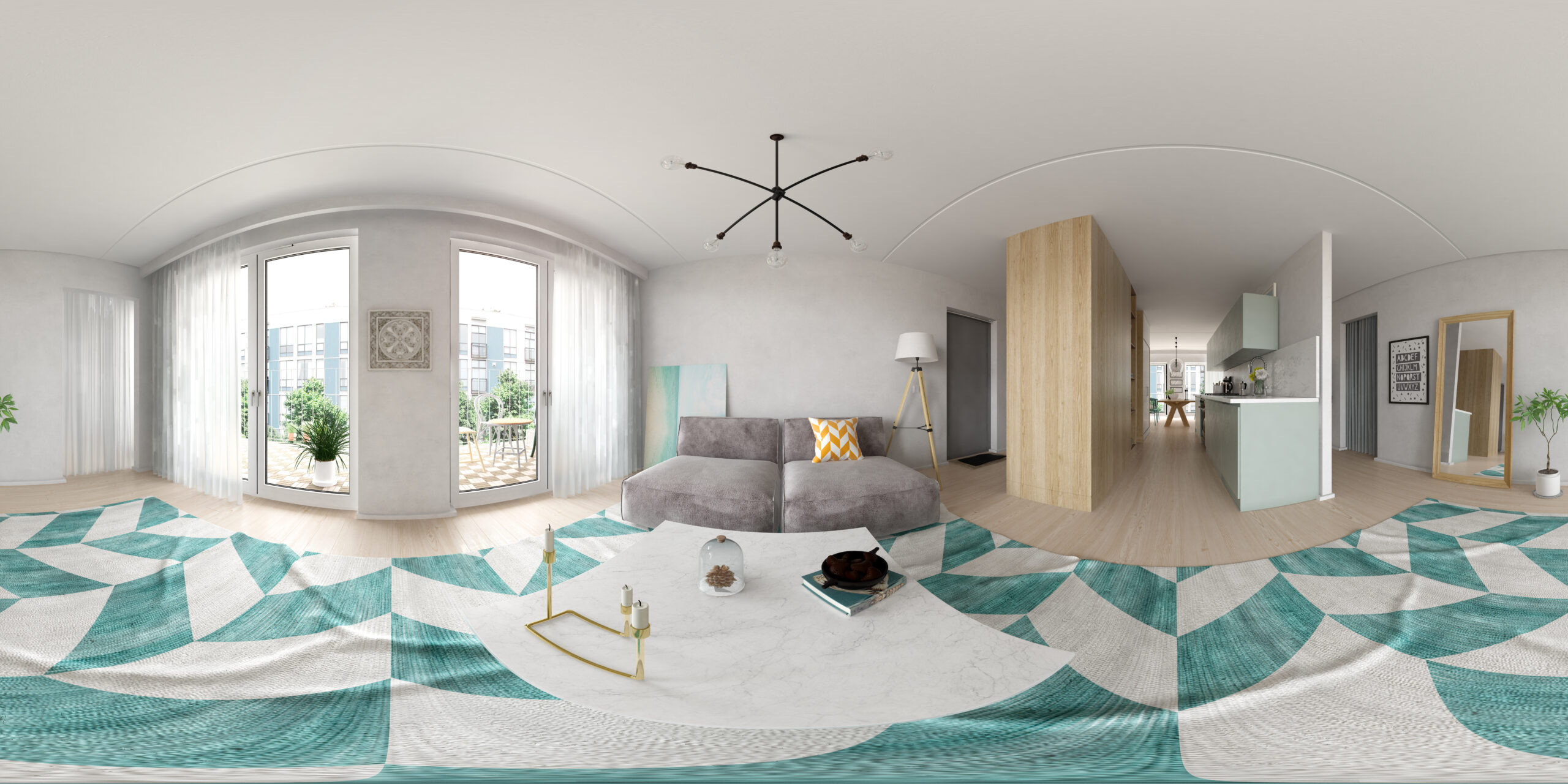 Spherical 360 panorama projection Scandinavian style interior design